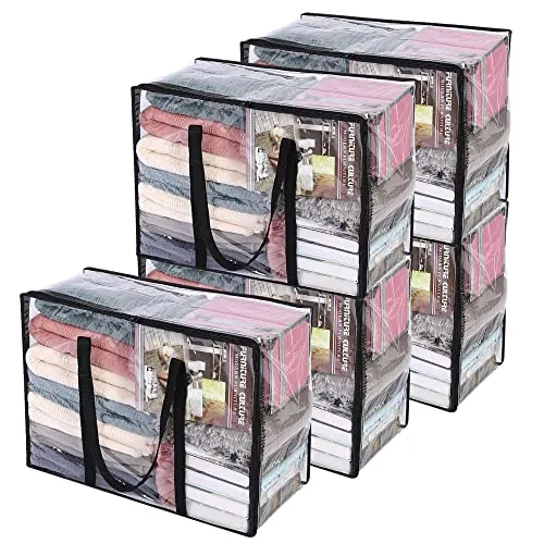 Vieshful 5 Piezas Transparentes Bolsas para Guardar Ropa, Bolsas Almacenaje Ropa Plegable 40L de PVC, Organizador Armario, Cajas Almacenaje con Asas para Edredón Mantas Mudanza Móviles Juguetes