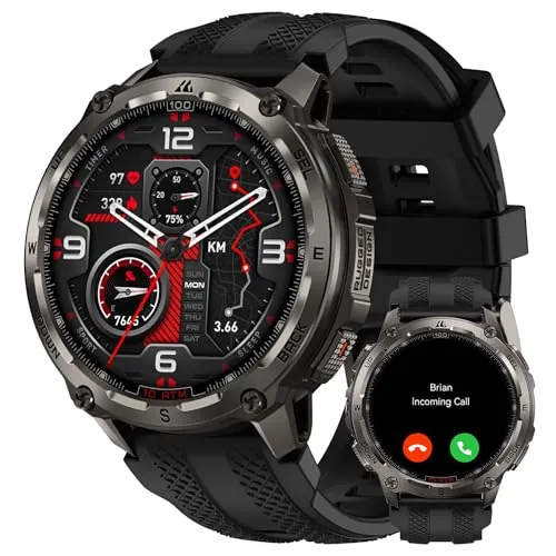 KOSPET Tank T4 Reloj Inteligente Hombre, Smartwatch Militar de Acero Inoxidable con GPS, Mapa Offline y Llamadas Bluetooth, 10 ATM(45m), Monitor de Salud 24/7 Batería de 50 Días 1.43" Android & iOS