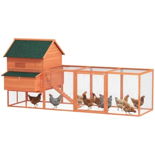 PawHut Gallinero de Madera Grande Exterior, Caseta para Gallinas con 2 Nidos, Corral, Techo Asfáltico, Bandeja Extraíble y Rampa, Casa Elevada para 4-6 Gallinas, Conejos, 347x160x150 cm, Naranja