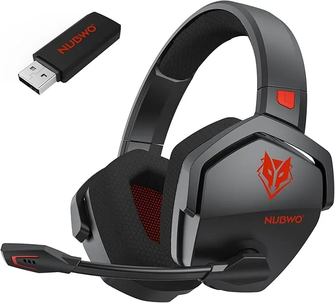 NUBWO G06 Cascos Gaming Inalámbricos con Drivers de 50 mm para PC/Ps5/Ps4/NS/Mobile, Auriculares Gaming Inalámbricos con 2.4 GHz+Bluetooth 5.3 Modo Dual, 7.1 Sonido Envolvente, Duración 100Hr+ - Rojo