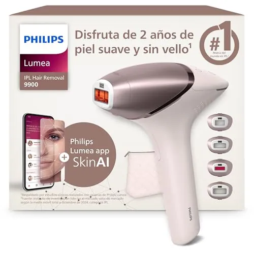 Philips Lumea Serie 9900, depiladora IPL con Inteligencia Artificial, tratamiento personalizado, 4 accesorios para el cuerpo, la cara, la zona del bikini y las axilas, con cable y sin cable, BRI951/00