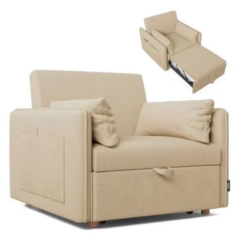 Nalui-Sofá Cama 1 Plaza 3 en 1 Nest 1 93x100x79cm con 3 Posiciones y 2 Almohadas (55x20cm). Sofá Cama Individual, Soporta hasta 200Kg. Sillón Cama Reclinable con Reposabrazos, Beige