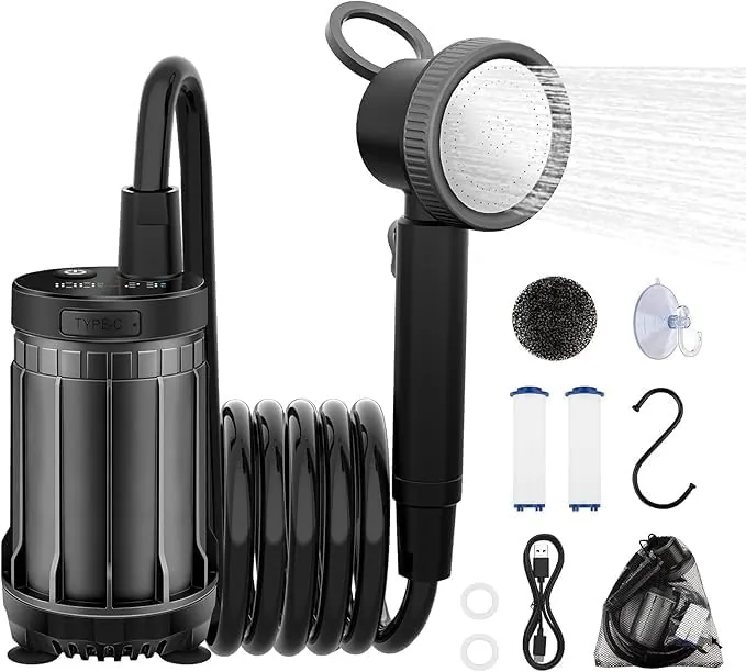Uplayteck Ducha Camping Portatil, Ducha Electrica Recargable 8000mAh con Digital Inteligente, 150 Minutos de Autonomía, IPX8 Impermeabilización Ducha de Camping con Bomba para Acampar, Viajes