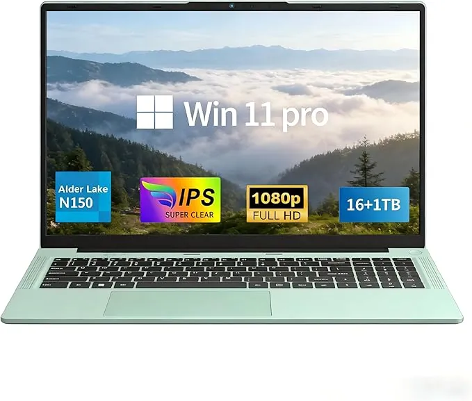 FUNYET Portátil de 15,6 Pulgadas,2026 Nuevo Laptop, 16 GB de RAM, 1 TB de SSD, procesador N150 (hasta 3,6 GHz), Win11 Pro,6000 mAh, IPS FHD 1920 * 1080,Verde