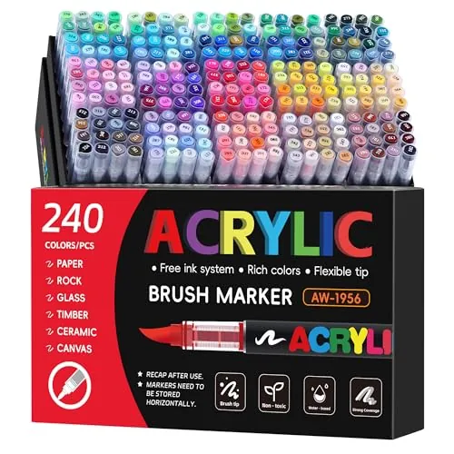 Tongfushop 240 Colores Rotuladores Acrilicos, Marcadores Acrilicos Punta Pincel, Rotuladores de Pintura Acrílica para Adultos, Acrylic Markers para Pintar, Roca, Cristal,Cerámica, Plastico, Tela Metal