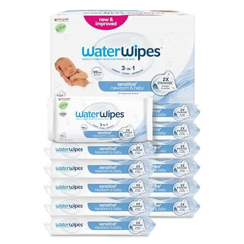 WaterWipes Sensitive+ Newborn & Baby Wipes, Toallitas Para Recién Nacidos y Bebés, 720 unidades (paquete de 12), 3 en 1 Limpia, Cuida, Protege, 99,9% Agua, Sin perfume