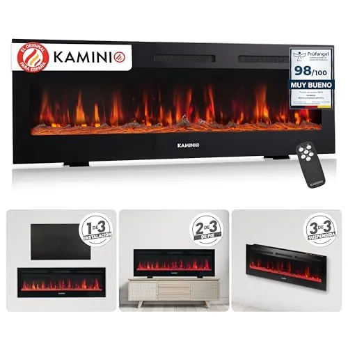 KAMINIO Eléctrica Chimenea Marlon - Chimenea eléctrica 3 en 1 con calefacción, Efecto de Llama 3D, 12 Colores de Llama, Control Remoto (60 Pulgada)