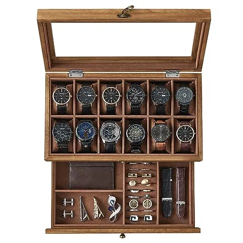 SONGMICS Caja de Relojes de Madera con 12 Ranuras, 2 Niveles