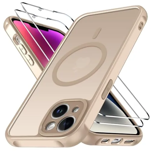 ivoler Funda Magnética para iPhone 14 con 2 Piezas Cristal Templado, Compatible con MagSafe, [Protección Militar] Protectora Antiarañazos Translúcida Mate Silicona Case, Titanio del Desierto