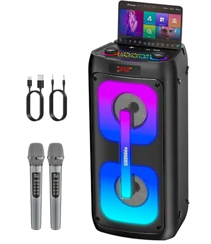 Máquina de Karaoke 2 microfonos inalambricos,Altavoz Karaoke Profesional Completo,Bluetooth portátil con Luces LED,Sistema PA,para Fiestas,Regalo,al Aire Libre,soporta Bluetooth/TF/USB/AUX/TWS