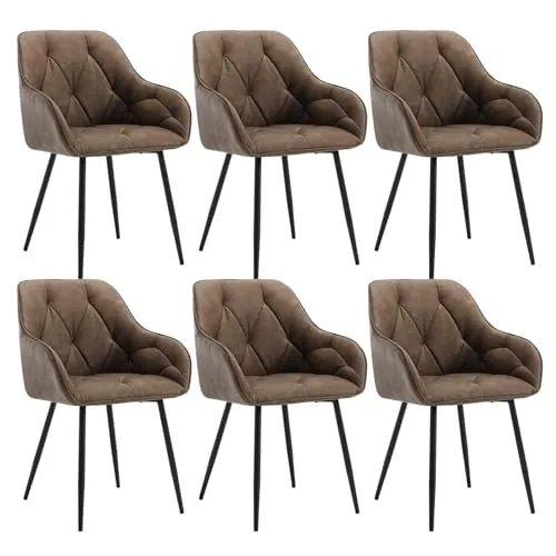 WOLTU 6X Sillas de Comedor, Sillas de Cocina con Apoyobrazos, Respaldo Comodo, con Patas Metálicas, para Salon Dormitorio y Oficina, PU Vintage, Marrón Oscuro, EZS03dbr-6