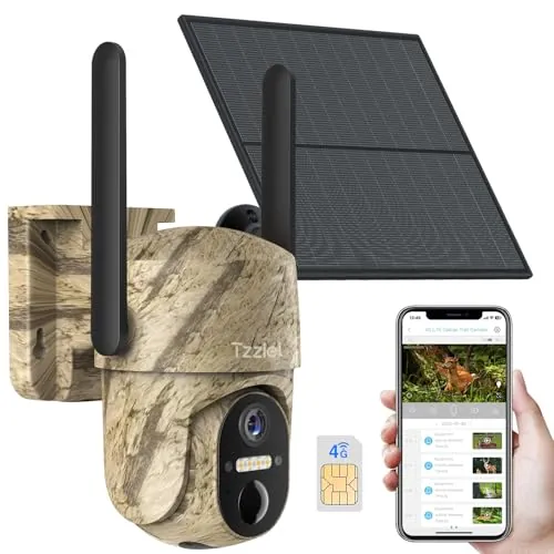 Tzziel 3G/4G LTE Cámara fototrampeo de Vigilancia Exterior con Batería Solar, 2K Visión Nocturna en Color, PIR Detección de Movimiento, IP66, Adecuado para Uso en Exteriores o en Lugares sin WiFi