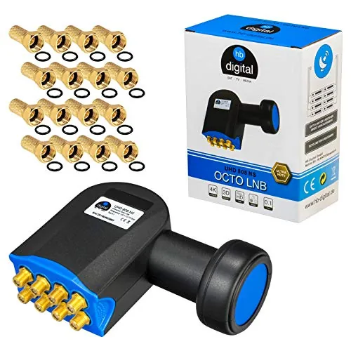 HB-DIGITAL - Conector Octo LNB LNC con 8 Salidas Full HD TV 3D + contactos chapados en Oro + protección contra la Intemperie (Extensible), Juego con 8 enchufes F