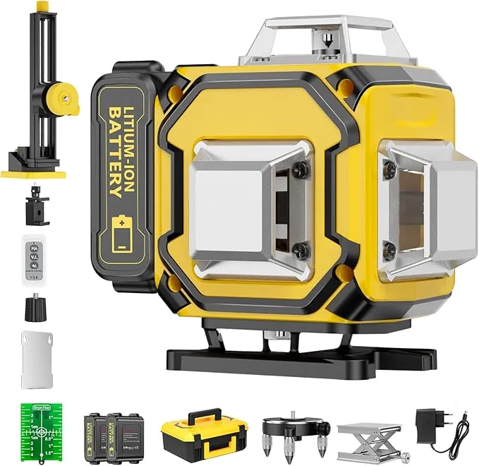 Nivel Laser Autonivelante 360 Grados, Nivel Láser Verde 16 Líneas, 2 x 360 Horizontal y 2 x 360 Verticales, 2 x Batería, Montaje en Pared, Control Remoto, Base Magnética, Soporte Giratorio