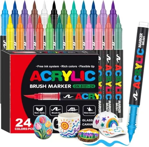 Melifluo 24 Rotuladores Acrílicos Punta Pincel - Marcadores Permanentes para Piedras, Tela, Vidrio, Madera, Cerámica, Lienzo y Papel - Pintura Acrílica de Secado Rápido para Lettering y Manualidades