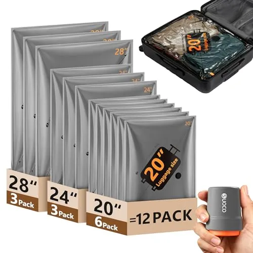 Bolsas de vacío para viajar con bomba eléctrica inalámbrica, 12 paquetes de cubos de embalaje comprimidos para ropa, organizador de maletas, ahorro de espacio, esenciales para vacaciones y cruceros