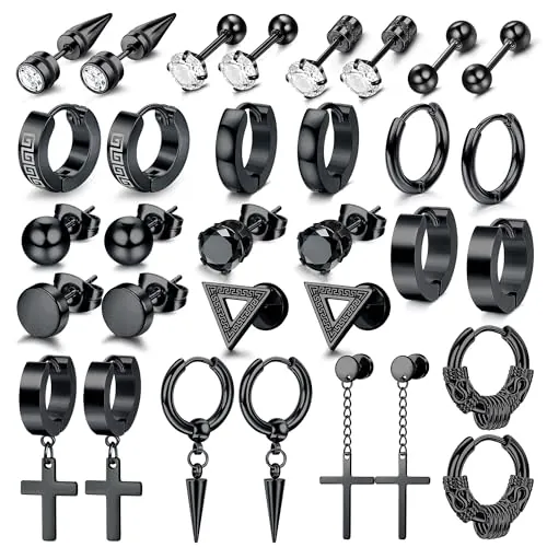 Dochais 16 Pares Pendientes de Aro para Hombre - Set de Acero Quirúrgico con Cruz Colgante Negro y Circonitas en Plata, Diseño Punk