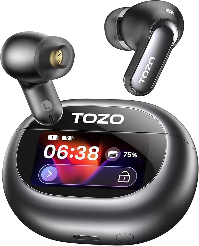 TOZO NC20 Pro Auriculares Bluetooth inalámbricos con Pantalla táctil Inteligente, cancelación Activa de Ruido adaptativa, Audio LDAC Hi-Res, 12 mm Controlador, Modo Juego, 6 mics, IPX8, Negro