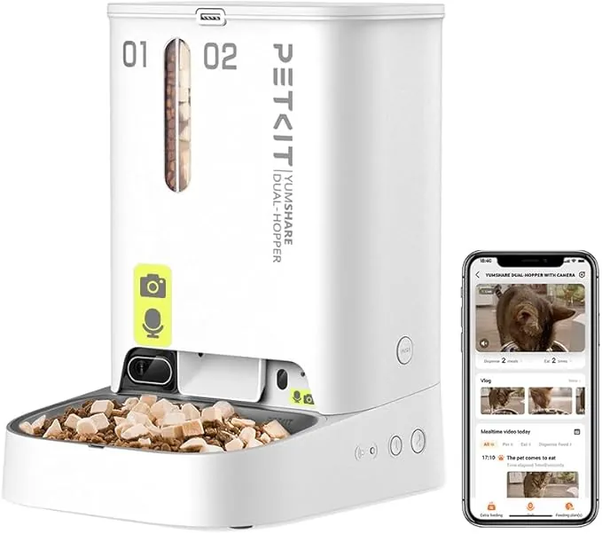 PETKIT Comedero Gato Automatico con Cámara, 5L Doble Tolva Dispensador Comida Gatos/Perros, 1080P HG, Función AI, 2.4G WiFi, Audio Bidireccional, App Control, Cuenco de Acero Inoxidable