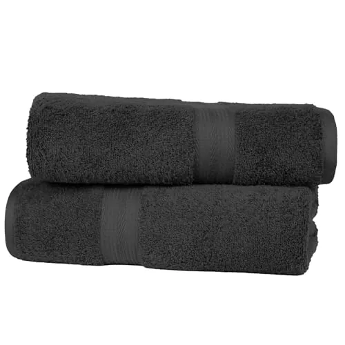 Amazon Basics Juego Toallas Baño 100% Algodón Toalla Ducha 70x140 cm, Negro, Pack 2 Unidades