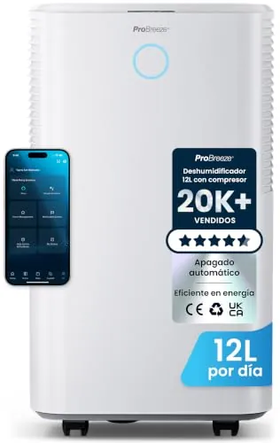 Pro Breeze OmniDry Deshumidificador 12L/Día con WiFi, Depósito de 2L, Secado de Ropa, Sensor Automático, Temporizador 24H, Modo Nocturno, Humedad, Moho y Condensación - Habitaciones hasta 20 m²