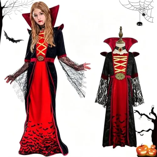 STOAT Disfraz Halloween. M 120-130, vestido encaje suave transpirable estilo gótico victoriano, para carnaval, fiestas temáticas & fiestas vampiro, disfraz infantil para niña