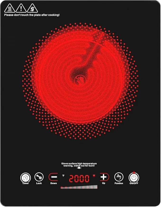 VBGK Vitroceramica Portatil 2000W, 9 Niveles, Cocina Eléctrica Portátil con Temporizador, Bloqueo de Seguridad, Controles Táctiles, Calefacción Rápida, Fácil Limpieza