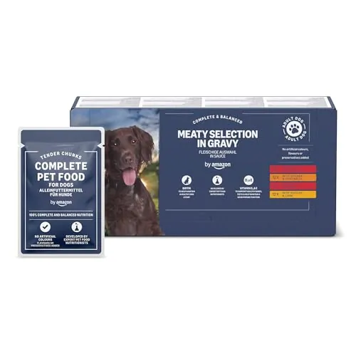 by Amazon Alimento Completo para Perros Adultos - Selección de Carne en Salsa, 4,8kg (48 Paquetes de 100g)