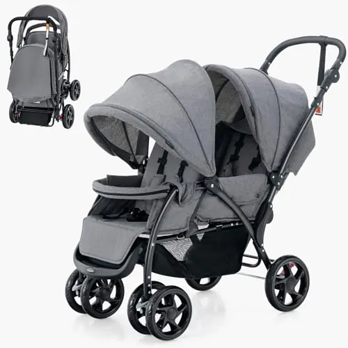 LIFEZEAL Carrito Gemelar Plegable para Gemelos, 3 Posiciones (Gris) | Cochecito Doble de Viaje para Bebé con 2 Plazas y Capacidad de Carga de 15+15 KG