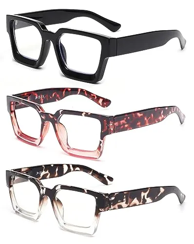 JM Paquete de 3 Gafas de Lectura Cuadrados, Gafas Presbicia con Bloqueo a Luz Azul Para Mujere Hombre Bisagras de Resorte +1.75