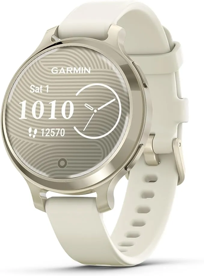 Garmin Lily 2 Active, Reloj Inteligente con GPS, Diseño Elegante, Datos de Salud y Forma Física, Pantalla Táctil, Notificaciones Inteligentes, Autonomía hasta 9 días, Dorado con Correa Blanca