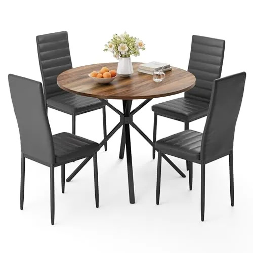 Xbro Conjunto Mesa y 4 sillas de Comedor，Mesa de Comedor Redonda para Comedor Cocina Salón, Estructura Resistente para Espacios Pequeños y Grandes, Estilo Retro