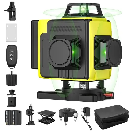 Nivel láser autonivelante 360° X 4, láser de construcción 4D con 16 líneas láser, modo de pulso para exteriores, 2 baterías, autonivelación, soporte rotativo, control remoto.(Sin Trípode)