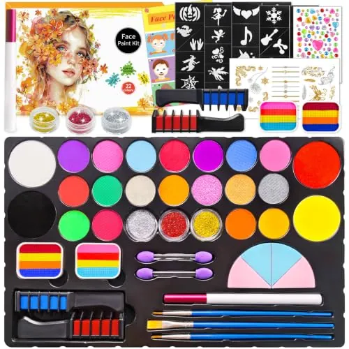 Mekkyes Pintura Cara Niños - 22 Colores Pintacaras Infantil con 4 Colores Grandes y Pegatinas de Tatuaje - Hipoalergenica Pintura Facial para Halloween Carnaval Fiestas Cosplay Todos los Estaciones