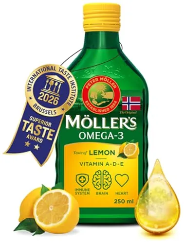 Moller’s ® | Aceite de hígado de bacalao | Complemento dietético con omega-3 EPA, DHA y vitaminas A, D y E | Sabor Limón | 250 ml