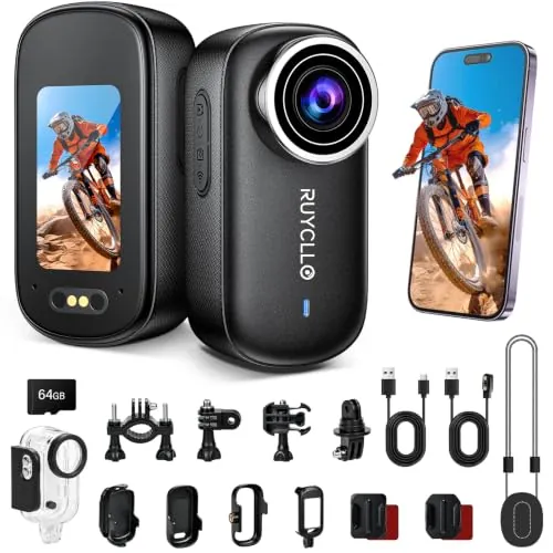 Ruycllo 4K Body Cam Cámara Deportiva - Tarjeta 64GB Mini Cámara con Estabilización EIS de 6 Ejes, HDR, Gran Angular 145°, WiFi APP, Cámara Magnética para Moto, Casco, Vlog