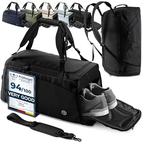Bolsa de Deporte para Hombre y Mujer + función en la Espalda, Compartimento para Zapatos, Neceser de Aseo | 40 L – Bolsa de Fitness de Viaje, baño, Equipaje, Gimnasio, Baloncesto, Tenis, Yoga,