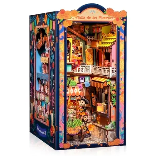CUTEBEE Book Nook Kit - Casa de Muñecas DIY para Adultos, Maqueta en Miniatura para Montar, Rompecabezas 3D de Madera del Día de Muertos, Decoración para Estantería (Plaza de los Muertos)