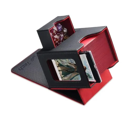Mage Tech Caja de Mazos Commander para MTG - Diseño Patentado, Exhibición de Commander, Apta para 100 Cartas con Doble Funda, Soporte Magnético de Cartas de 35pt & Bandeja para Dados - Negro/Rojo