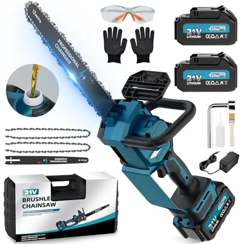 Motosierra a Batería de 12 Pulgadas, Motosierra Eléctrica Inalámbrica 2x4000mAh, Podadora Inalámbrica para Herramientas de Jardín, Corte de Madera, Bricolaje (1800W Brushless) - PowerCut X13