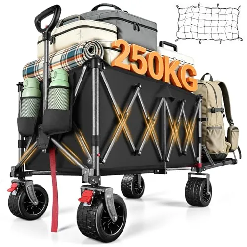 YEAUPE PRO XXXL Carro Playa Ruedas Grandes 200-300L – Frenos Dobles, Ruedas Anchas, Estructura Reforzada, Mango Ajustable, Ideal para Playa y Camping – Red elástica incluida, Negro Carbón