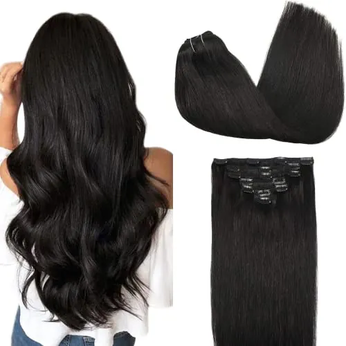 GOO GOO Extensiones Adhesivas Pelo Natural, 55cm 120g 7pcs, 1B Negro Natural, Extensiones de cabello humano Natural auténtico