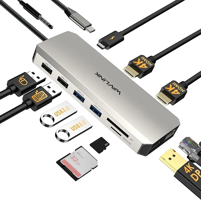 WAVLINK Base de conexión USB-C para Dos monitores, con Dos HDMI, DP, 100 W PD, USB3.0 y 2.0, RJ45, Ranuras SD/TF, Audio/micrófono, Compatible Solo con Ordenadores Windows