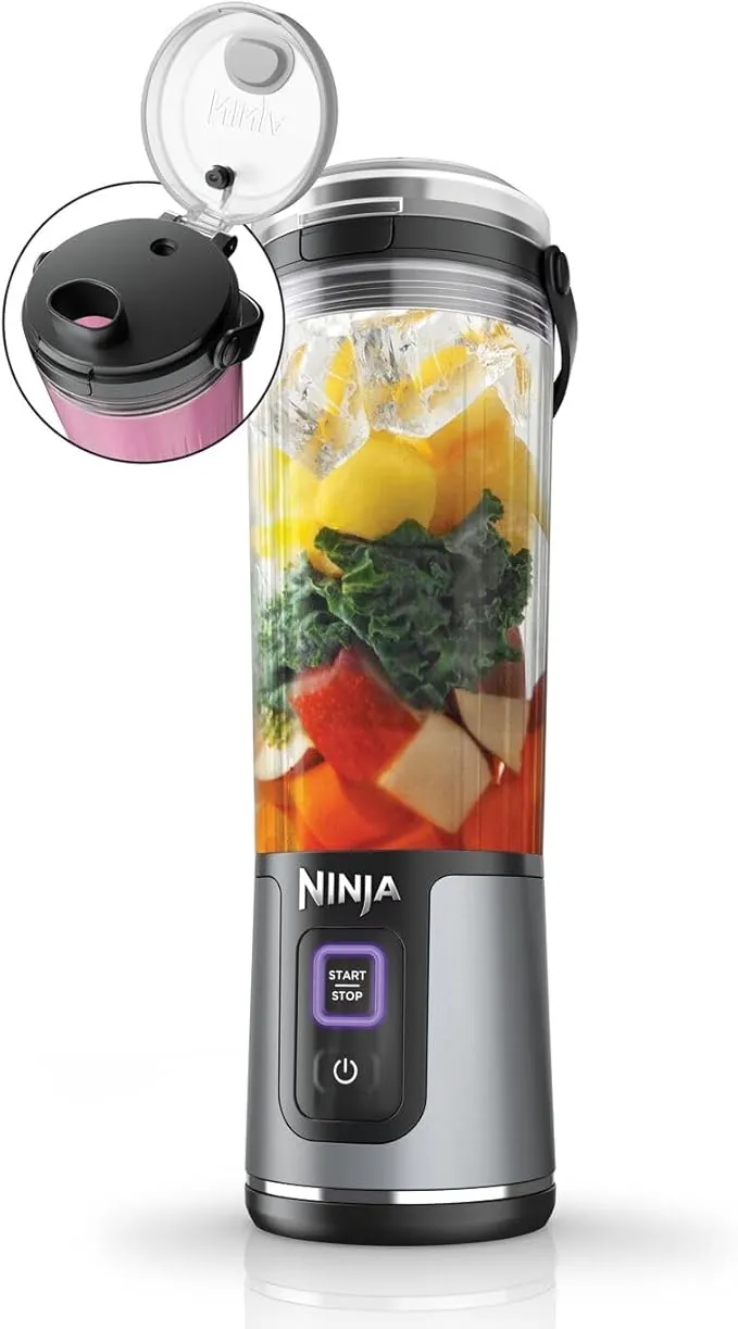 Ninja Blast Batidora portátil, Vaso de 530 ml con tapa antigoteo y boquilla para sorber, Minibatidora sin cable, recargable, smoothies, batidos de proteínas, pica hielo y frutas congeladas, BC151EUBK