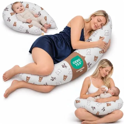Flowen Almohada Embarazada para Dormir de Lado y Cojín de Lactancia Bebé 2 en 1, Cojín Embarazada con Funda 100% Algodón Desenfundable y Lavable, Relleno Suave, Regalo Maternidad para Futuras Mamás