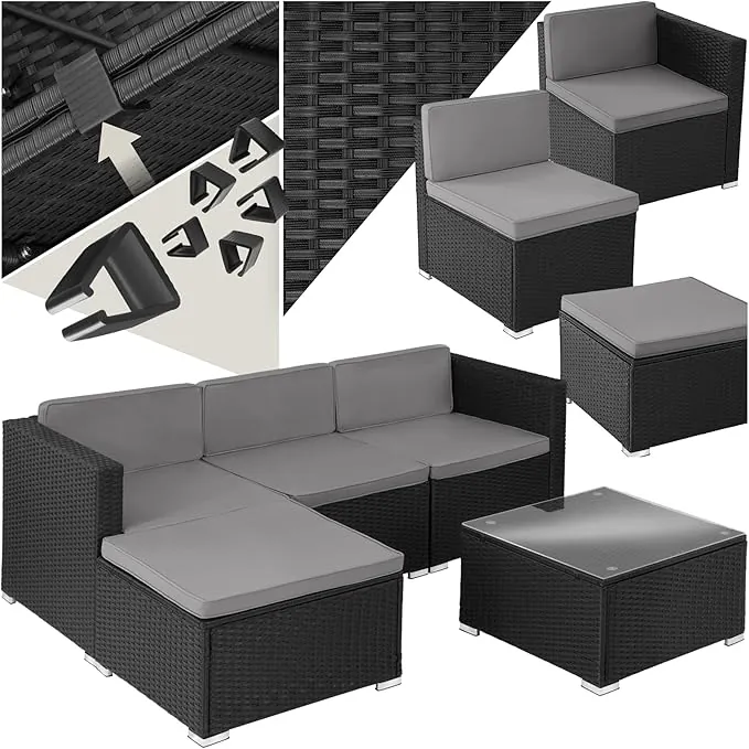 tectake® Conjunto Jardín en Ratán con Cojines, Conjunto Terraza Resistente a Intemperie, Muebles Jardín Exterior, 3 Sillones, 1 Taburete, 1 Mesa Cristal, Fundas Extraíbles, Fácil Limpieza - Negro