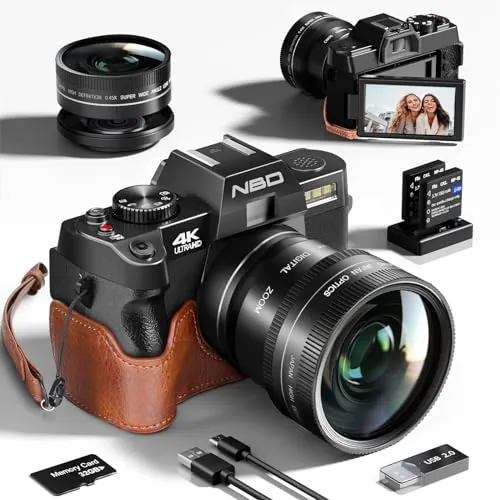 NBD Cámara Digital 4K 48MP con Enfoque Automático, Zoom 16X, Pantalla Abatible 3" 180°, WiFi + Funda de Cuero y Pulsera + Tarjeta 32GB + 2 Baterías(Negro)
