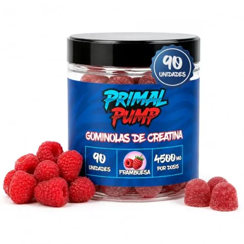 Primal Pump Gominolas de Creatina Monohidratada 4.5g - Sabor Frambuesa - Creatina para Rendimiento y Potencia - Sin Azúcar, Vegano y Sin Gluten