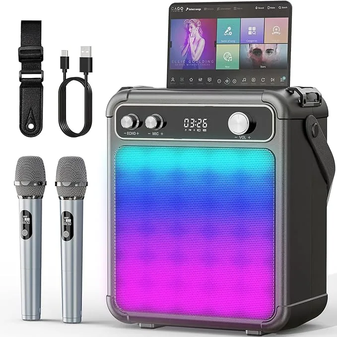 Máquina de Karaoke con 2 micrófonos inalámbricos, Altavoz Karaoke Profesional para Adultos, Bluetooth portátil con Luces LED,para Fiestas,Regalo,al Aire Libre.Sostener TF/USB/TWS/Mic/AUX