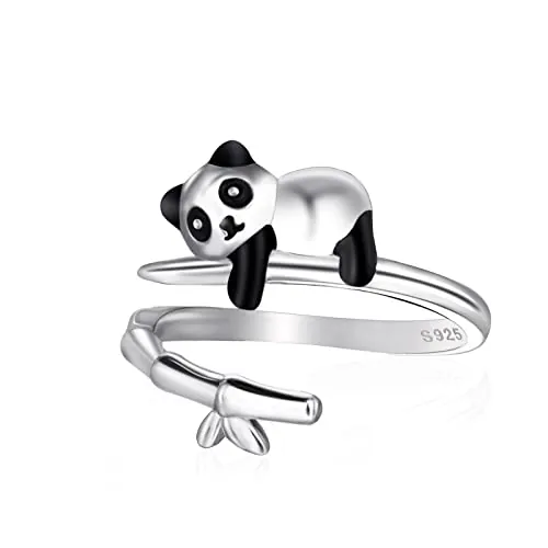 Qings Anillo Panda Ajustables para Mujer Niñas Plata de Ley 925 Anillos Abierto Pulgar Animal Oso Lindo Negro Vintage Navidado Joyería Regalos para Hija Madre
